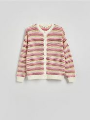 Ażurowy kardigan z bawełną - wielobarwny. Swetry Reserved, l, w ażurowe wzory, z bawełny, bez ramiączek. W wyprzedaży za 139.99 zł.