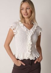 Biała Prążkowana Bluzka z Wiskozą Ozdobiona Falbanami Delestra. Białe bluzki Born2be, s, bez wzorów, z materiału, eleganckie, bez kołnierzyka, bez ramiączek. Za 99.99 zł.