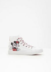 Wysokie sneakersy z Myszką Miki Disneya z bawełnianego płótna. Białe buty sportowe lifestyle bonprix, bez wzorów, z bawełny, sportowe, bez zapięcia. Za 149.99 zł.
