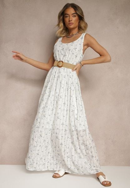 Jasnoniebieska Kwiatowa Sukienka o Rozkloszowanym Kroju z Paskiem z Plecionki Iffonvia. Niebieskie sukienki Renee, na imprezę, l, bez wzorów, bez kołnierzyka, bez ramiączek, maxi, rozkloszowane. Za 109.99 zł.