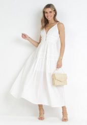 Biała Rozkloszowana Sukienka Maxi na Cienkich Ramiączkach Isarta. Białe sukienki Born2be, l, bez wzorów, boho, bez kołnierzyka, bez ramiączek, maxi, rozkloszowane. W wyprzedaży za 153.99 zł.