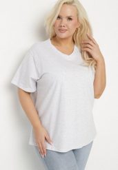 Jasnoszary T-shirt z Bawełny z Dekoltem w Serek Aveltebia. Szare t-shirty Born2be, uniwersalny, bez wzorów, z bawełny, klasyczne, bez kołnierzyka, bez ramiączek. Za 59.99 zł.