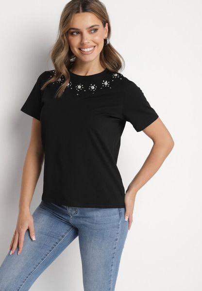 Czarna Bawełniana Bluzka T-shirt Ozdobiona Cyrkoniami Marivista. Czarne bluzki Born2be, l, bez wzorów, z bawełny, eleganckie, bez kołnierzyka, bez ramiączek. Za 34.99 zł.