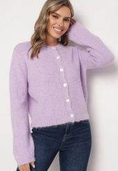 Fioletowy Casualowy Kardigan o Klasycznym Kroju Riathiel. Fioletowe swetry Born2be, uniwersalny, bez wzorów, z jeansu, eleganckie, bez ramiączek. W wyprzedaży za 161.49 zł.