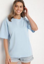 Jasnoniebieski Bawełniany Klasyczny T-shirt Merovira. Niebieskie t-shirty Born2be, uniwersalny, bez wzorów, z bawełny, klasyczne, bez kołnierzyka, bez ramiączek. Za 49.99 zł.