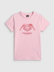 4F T-shirt regular z nadrukiem damski - różowy XS. Czerwone t-shirty 4f, xs, bez wzorów, z bawełny, klasyczne, bez kołnierzyka, bez ramiączek. Za 59.99 zł.