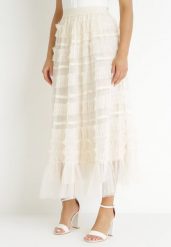 Jasnobeżowa Tiulowa Spódnica Maxi z Gumką w Talii i Falbankami Veida. Brązowe spódnice Born2be, m, z aplikacjami, z tiulu, maxi, rozkloszowane. Za 169.99 zł.