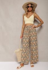 Zielono-Beżowe Wiskozowe Spodnie High Waist Szerokie z Gumką w Pasie i Kieszeniami Aizha. Zielone jeansy Renee, l, bez wzorów, z jeansu, z podwyższonym stanem. Za 59.99 zł.