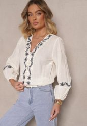 Beżowa Koszula z Wiskozą z Dekoltem V Zdobiona Haftem z Motywem Kwiatowym Gonarrae. Brązowe koszule Renee, l, z aplikacjami, z jeansu, eleganckie, bez kołnierzyka, bez ramiączek. W wyprzedaży za 91.99 zł.