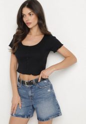 Czarny Bawełniany T-shirt o Dopasowanym Kroju z Guzikami Filareina. Czarne t-shirty Born2be, l, bez wzorów, z bawełny, eleganckie, bez kołnierzyka, bez ramiączek. W wyprzedaży za 33.99 zł.