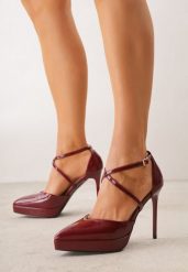 Bordowe Szpilki z Platformą i Przeplatanymi Paskami Ferinela. Czerwone szpilki Renee, bez wzorów, z jeansu, eleganckie, bez obcasa, na platformie, bez zapięcia. Za 119.99 zł.