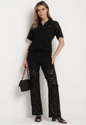 Czarna Koszula Boho z Krótkimi Rękawami z Ażurowej Koronki Cardana. Czarne koszule Born2be, l, w ażurowe wzory, z jeansu, boho, bez kołnierzyka, bez ramiączek. Za 169.99 zł.