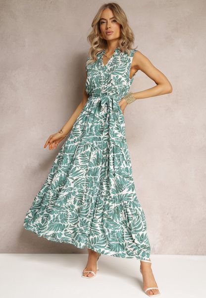 Zielona Sukienka Maxi z Wiskozy o Rozkloszowanym Kroju Ozdobiona Falbanką i Paskiem Ninaste. Zielone sukienki Renee, l, bez wzorów, z wiskozy, bez kołnierzyka, bez ramiączek, maxi, rozkloszowane. Za 109.99 zł.