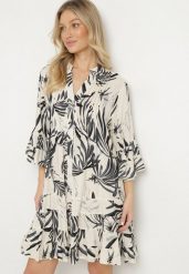 Ciemnoszara Sukienka z Wiskozy o Rozkloszowanym Kroju z Falbanami w Roślinny Wzór Ridiara. Szare sukienki Born2be, na co dzień, l, bez wzorów, z wiskozy, eleganckie, bez kołnierzyka, bez ramiączek, mini, rozkloszowane. Za 159.99 zł.