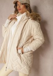 Jasnobeżowa Kurtka z Pikowanym Wzorem Ściągaczami Odpinanym Futerkiem i Kapturem Ellithri. Brązowe kurtki Renee, l, bez wzorów, eleganckie. Za 229.99 zł.