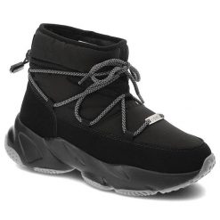 Śniegowce damskie Big Star, z połączenia materiału tekstylnego i syntetycznego z wysoką cholewką sznurowaniem z elastycznymi linkami, czarne, KK27427. Czarne botki BIG STAR, z aplikacjami, z dzianiny, eleganckie, przed kolano, bez obcasa, na płaskiej podeszwie, bez zapięcia. Za 229.00 zł.