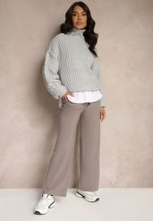 Szare Garniturowe Spodnie High Waist z Gumką i Dodatkowym Paskiem w Talii Mattine. Szare jeansy Renee, m, bez wzorów, z dzianiny, z podwyższonym stanem. W wyprzedaży za 35.99 zł.