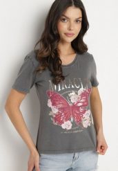 Ciemnoszary Bawełniany T-shirt z Metalicznym Napisem i Motylem Zarevalia. Szare t-shirty Born2be, l, bez wzorów, z bawełny, eleganckie, bez kołnierzyka, bez ramiączek. W wyprzedaży za 38.24 zł.