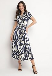 Niebieska Sukienka Koszulowa w Geometryczny Wzór z Paskiem Zimorae. Niebieskie sukienki Born2be, l, bez wzorów, eleganckie, bez kołnierzyka, bez ramiączek, koszulowe. W wyprzedaży za 144.49 zł.
