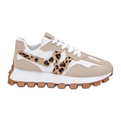 Sneakersy Buty Sportowe Damskie Panterka Beżowe beżowy. Brązowe buty treningowe bez wzorów, ze skóry, bez zapięcia. Za 170.48 zł.