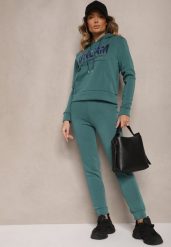 Zielony Ocieplany Komplet Dresowy Bawełniany Spodnie Joggery i Bluza Zdobiona Nadrukiem Filoira. Zielone bluzy Renee, m, z aplikacjami, z bawełny, bez ramiączek, z kapturem. W wyprzedaży za 79.99 zł.