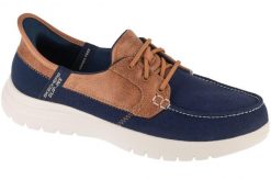 Buty do chodzenia damskie, Slip-Ins: On-The-Go Flex - Palmilla. Niebieskie buty treningowe Skechers, bez wzorów, z materiału, przed kostkę, bez zapięcia, trekkingowe. Za 299.99 zł.