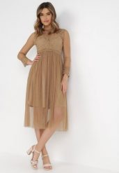 Ciemnobeżowa Sukienka Describi. Brązowe sukienki Born2be, na imprezę, l, bez wzorów, z koronki, eleganckie, bez kołnierzyka, bez ramiączek, midi, rozkloszowane. W wyprzedaży za 104.99 zł.