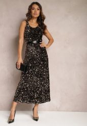 Brązowa Sukienka Maxi na Ramiączkach w Cekiny Misona. Czarne sukienki Renee, l, bez wzorów, bez kołnierzyka, bez ramiączek, maxi. W wyprzedaży za 151.99 zł.