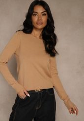 Ciemnobeżowy Gładki Sweter w Minimalistycznym Stylu Tevra. Brązowe swetry Renee, l, bez wzorów, z jeansu, casualowe, bez ramiączek. Za 39.99 zł.
