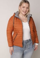 Pomarańczowa Dwustronna Kurtka Pikowana z Kapturem Zidila. Brązowe kurtki Born2be, l, bez wzorów, z jeansu, sportowe, z kapturem. Za 84.99 zł.