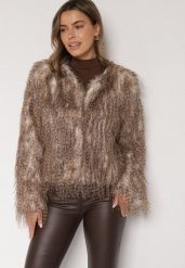 Brązowa Futrzana Kurtka z Cieniowanym Wzorem Tusvella. Brązowe kurtki Born2be, l, bez wzorów, z futra, klasyczne, bez kaptura. Za 199.99 zł.