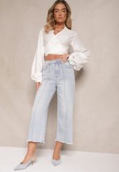 Niebieskie Szerokie Jeansy High Waist z Bawełną i Przeszyciami Silsemi. Niebieskie jeansy Renee, l, bez wzorów, z bawełny, z podwyższonym stanem. W wyprzedaży za 68.99 zł.