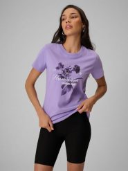 4F T-shirt regular z nadrukiem damski - fioletowy XXL. Fioletowe t-shirty 4f, xxl, bez wzorów, z bawełny, klasyczne, bez kołnierzyka, bez ramiączek. Za 69.99 zł.
