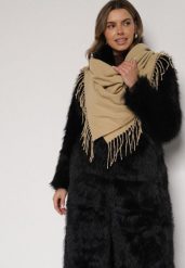 Beżowy Trójkątny Szalik Zdobiony Frędzlami Vetifara. Brązowe szaliki i kominy Born2be, na zimę, z aplikacjami, z jeansu, eleganckie. Za 34.99 zł.