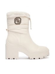 Guess Botki FLFYPP FAP10 Biały. Białe botki Guess, z aplikacjami, z materiału, bez obcasa, na słupku, bez zapięcia. Za 659.99 zł.