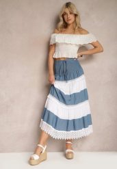 Niebiesko-Biała Spódnica z Bawełny w Stylu Boho z Gumką i Sznurkiem w Talii Uvinia. Niebieskie spódnice Renee, l, bez wzorów, z bawełny, boho, maxi. W wyprzedaży za 41.99 zł.