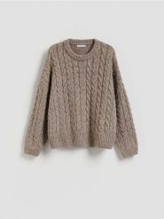 Sweter z warkoczowym splotem - brązowy. Brązowe swetry Reserved, l, bez wzorów, z dzianiny, bez ramiączek. Za 139.99 zł.