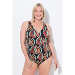 Damski Strój kąpielowy graficzny nadruk miękkie miseczki z recyklingu. Czarne stroje jednoczęściowe Ulla Popken, bez wzorów, z elastanu, sportowe. W wyprzedaży za 203.99 zł.