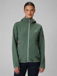 4F Kurtka softshell wiatroodporna damska - turkusowa M. Niebieskie kurtki przejściowe sportowe 4f, l, bez wzorów, z materiału, bez kaptura, trekkingowe. Za 299.99 zł.