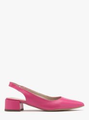 Czółenka w kolorze fuksji z otwartą piętą typu slingback ELIZABETH. Czerwone czółenka Ryłko, bez wzorów, z gumy, z otwartym noskiem, bez obcasa, na obcasie, bez zapięcia. W wyprzedaży za 249.99 zł.