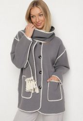 Szara Pudełkowa Kurtka z Ozdobnymi Przeszyciami i Szalikiem Salenalia. Szare kurtki Born2be, bez wzorów, z jeansu, eleganckie, bez kaptura. Za 199.99 zł.