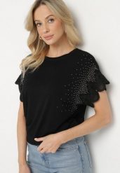 Czarna Bawełniana Bluzka Nietoperz z Koronkowymi Rękawami z Cyrkoniami Adivain. Czarne bluzki Born2be, m, bez wzorów, z bawełny, eleganckie, bez kołnierzyka, bez ramiączek. Za 59.99 zł.