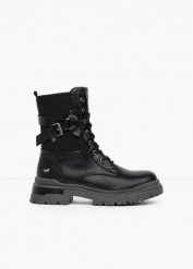 Botki sznurowane Mustang z klamrami. Czarne botki bonprix, bez wzorów, bez obcasa, bez zapięcia. Za 229.99 zł.