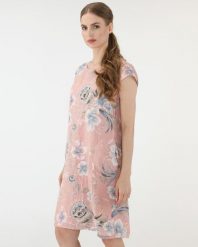 WZORZYSTA SUKIENKA Z LNU. Sukienki Unisono, na co dzień, l, bez wzorów, prążkowane, bez kołnierzyka, bez ramiączek, mini, proste. Za 189.00 zł.
