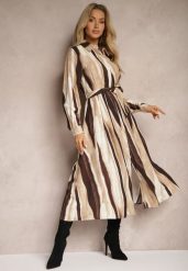 Brązowa Koszulowa Sukienka w Abstrakcyjne Paski o Długim Kroju z Gumką i Paskiem w Talii Nerithal. Brązowe sukienki Renee, na co dzień, l, bez wzorów, eleganckie, bez kołnierzyka, bez ramiączek, maxi, koszulowe. W wyprzedaży za 111.99 zł.