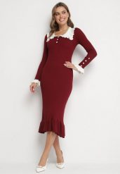 Bordowa Dzianinowa Sukienka Retro z Wiskozą z Kołnierzykiem i Falbanami Hanlira. Czerwone sukienki Born2be, na co dzień, m, bez wzorów, z dzianiny, eleganckie, bez kołnierzyka, bez ramiączek, midi, ołówkowe. W wyprzedaży za 118.99 zł.