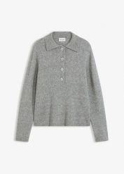 Sweter z kołnierzykiem polo z domieszką wełny. Niebieskie swetry bonprix, bez wzorów, z wełny, eleganckie, bez ramiączek. Za 149.99 zł.