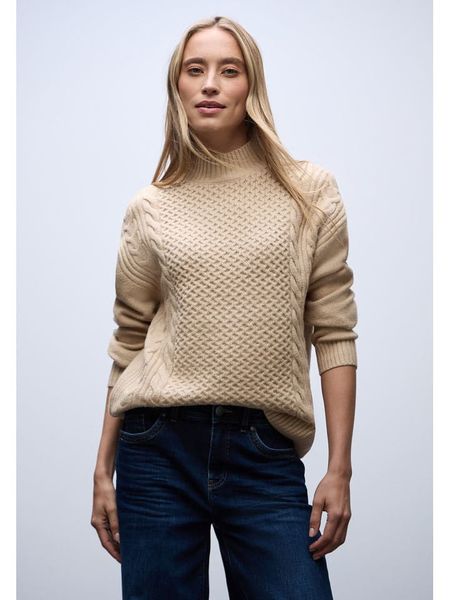 Street One Sweter w kolorze beżowym rozmiar: 42. Brązowe swetry Street One, bez wzorów, z bawełny, street, bez ramiączek. Za 104.89 zł.