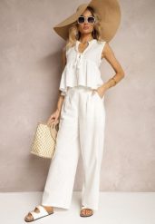 Białe Spodnie z Bawełny i Lnem High Waist Kolalia. Białe jeansy Renee, bez wzorów, z bawełny, biznesowe, z podwyższonym stanem. W wyprzedaży za 47.99 zł.