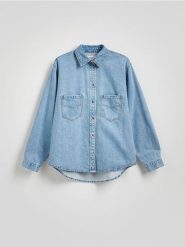 Jeansowa koszula z kieszenią - niebieski. Niebieskie koszule Reserved, l, bez wzorów, z bawełny, bez kołnierzyka, bez ramiączek. Za 139.99 zł.